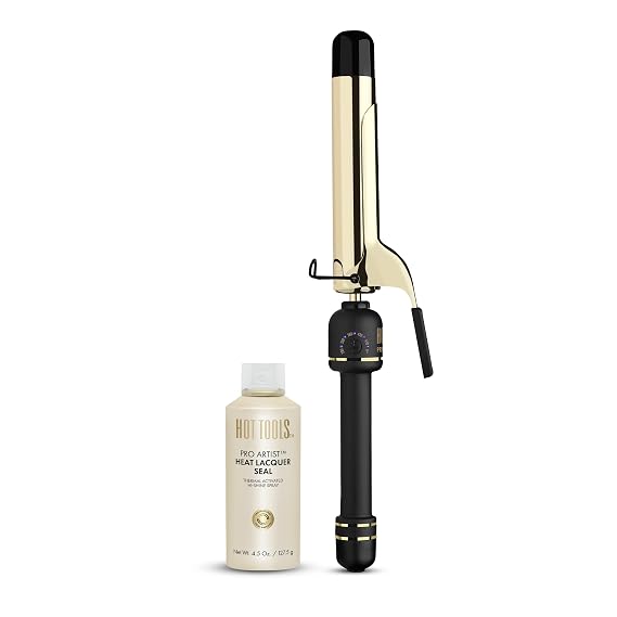 HOT TOOLS 24K Gold Professional 1.25 Extended Barrel Curling Iron and Heat Protectant Hi-Shine Spray - 24K Gold Technology for Long-Lasting Results and Spray Makes Hair Shinier, Minimizes Frizz