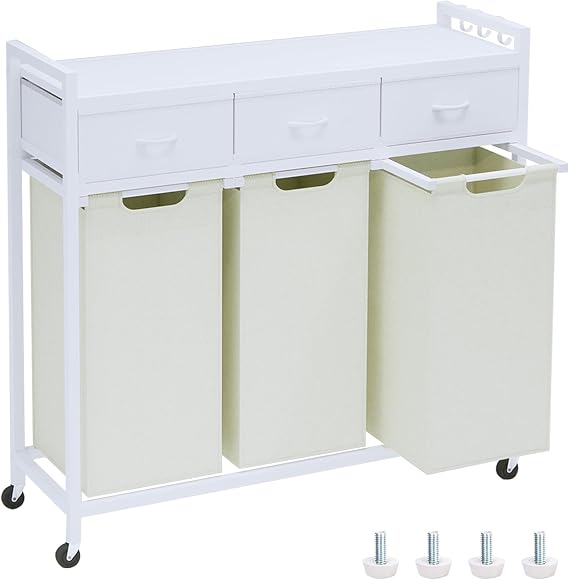 Timberer Laundry Hamper, Laundry Sorter 3 Section, Rolling Laundry Basket with Wheels, 3 Drawers, 3 14.5 Gal (55 L), Pull-Out and Removable Oxford Fabric Bags, White and Beige