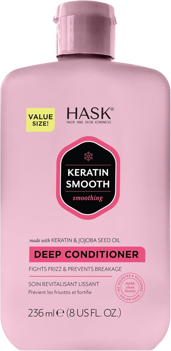 HASK Keratin Smoothing Deep Conditioner Treatment for all hair types, colour safe, gluten-free, sulfate-free, paraben-free - 1 236mL Bottle | Keratin deep conditioner, for frizzy hair, smooths and prevents breakage, colour-safe, sulphate-free