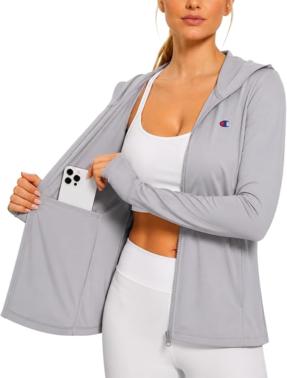 Champion Women's Sun Hoodie, Long Sleeve SPF 50+ UV Rash Guard Sun Shirt | SPF 50+ Sun Protection, Full Zip, Thumbhole, Inner Phone Pocket, Front Side Pockets, Quick Dry, Outdoor Active Swim