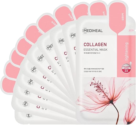 MEDIHEAL, Essential Mask 10 Pieces Collagen, Skin Tightening, Vitality, Hydration, Vegan, Jeju Carrot