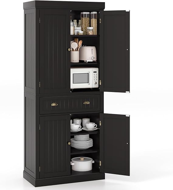 Tangkula 72" H Kitchen Pantry Cupboard Cabinet, Traditional Freestanding Large Tall Storage Cabinet with 2 Cabinets and Drawer, Adjustable Shelves, for Living Room Kitchen, 30 x 16 x 72 Inch