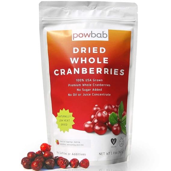 powbab Dried Cranberries Unsweetened - 100% USA Grown Organic Dried Cranberries. No Sugar Added, No Oil, No Apple Juice Concentrate Infused, No Sulfites. Dried Fruit. Not Moist, Not Sweetened or Reduced (2.9 Oz)