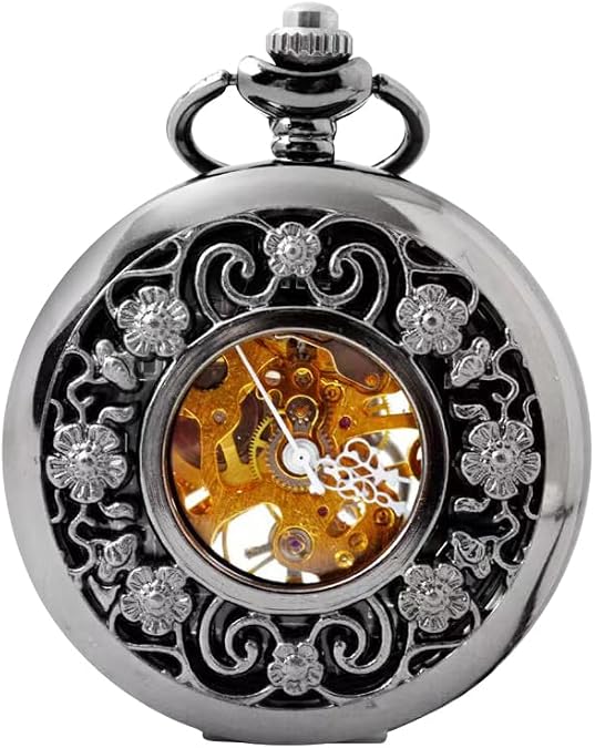 BOSHIYA Vintage Mechanical Pocket Watches for Men Luminous Steampunk Pocket Watch with Chain Black Skeleton Dial Roman Numberals Pocketwatch Gifts for Fathers Day