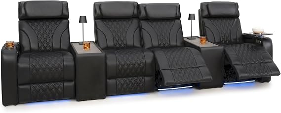 Seatcraft Luminis LT Black Row of 4 Middle Loveseat, Straight Console Table | Italian Leather, Zero Gravity, Heat & Massage, Powered Headrest & Lumbar, Power Recline, Wireless charging, Wall Hugger
