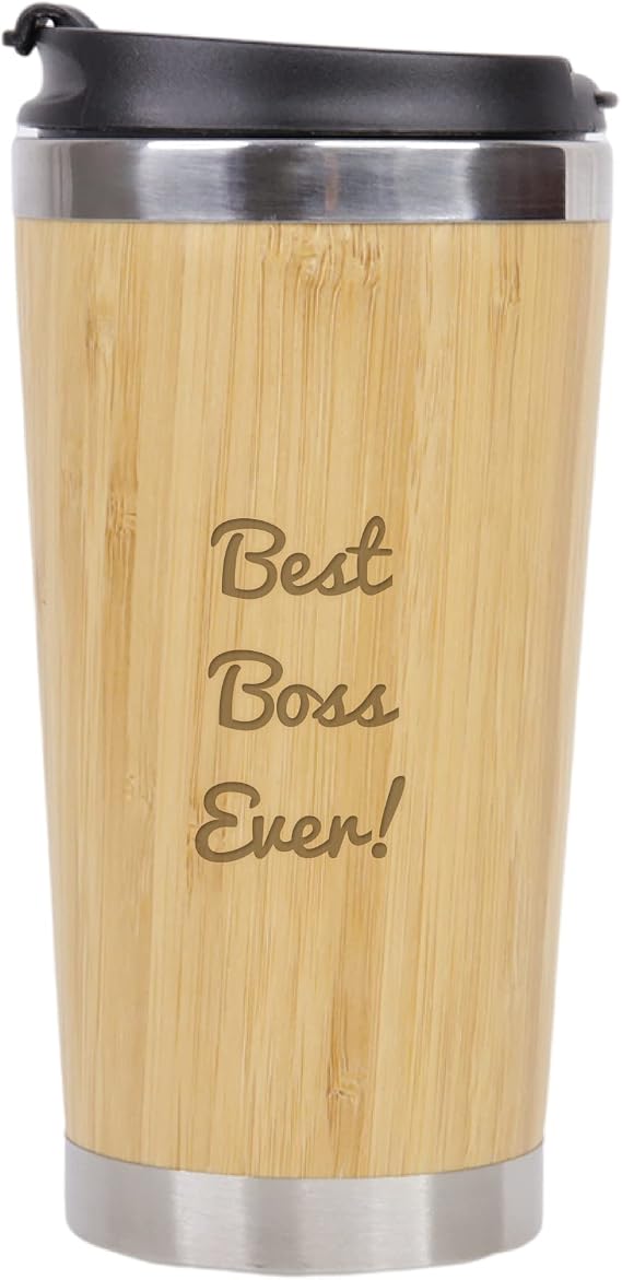 Best Boss Ever-Stainless Steel Bamboo Mug with Lid 13 ounce, Made in USA, Insulated Travel Mug for Manager Supervisor Owner, Gift for Christmas Birthday Appreciation Retirement Moving