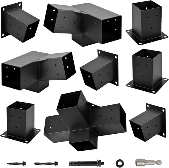 Pergola Kit, 15 3-Way Slanted Roof Pergola Bracket Set, Roof Wall Mount Extension Bracket 4" x 4" (Actual 3.5" X 3.5") - Set 9