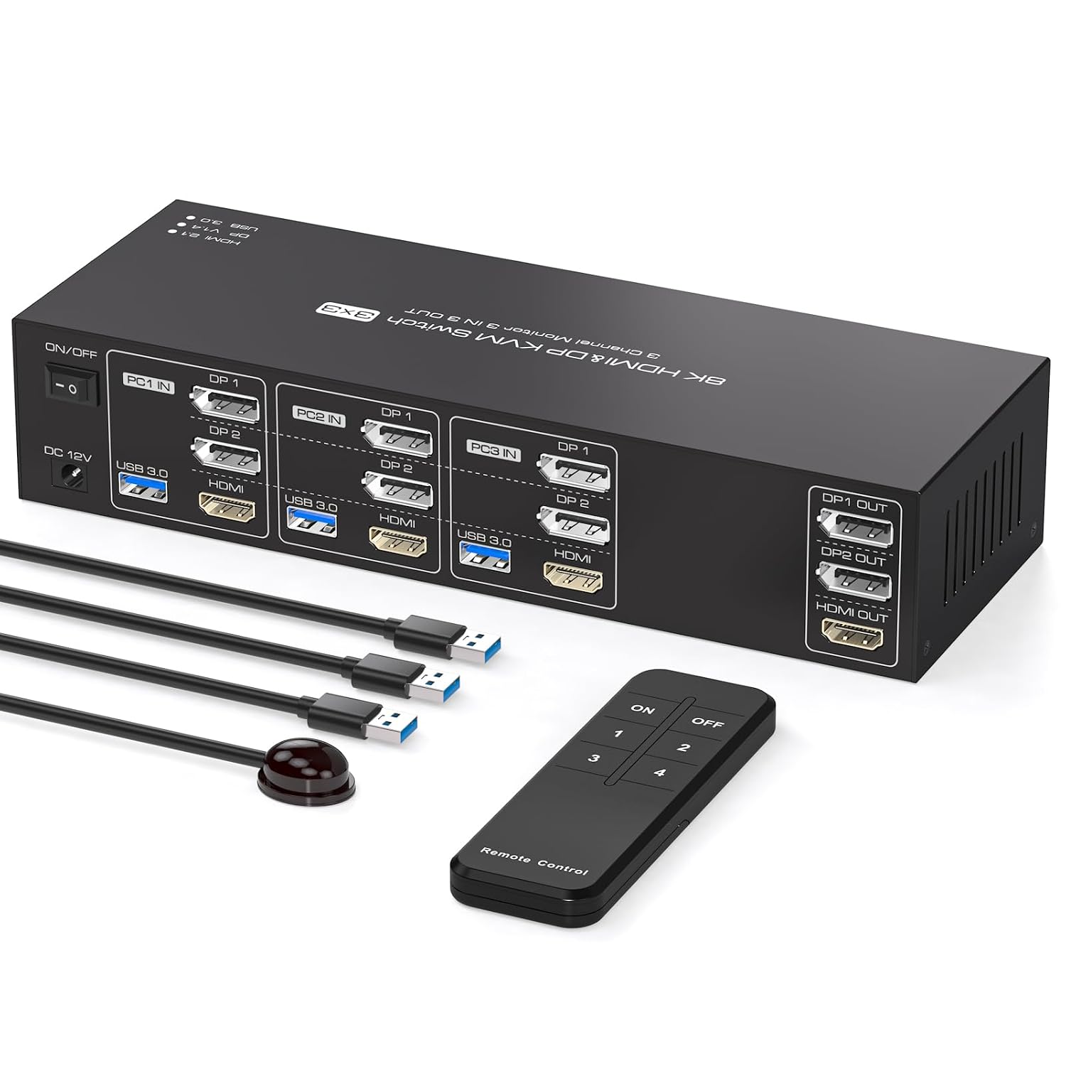 8K 2 Displayport HDMI KVM Switch 3 Monitors 3 Computers 4K144Hz Triple Monitor KVM for 3 PC Sharing 3 Screens and 4 USB 3.0 Port with Remote Control