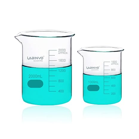 Low Form Graduated Glass Beaker Set, Each 1pc of Vol.1000ml 2000ml, 3.3 Borosilicate Glass, IN-BKLS02