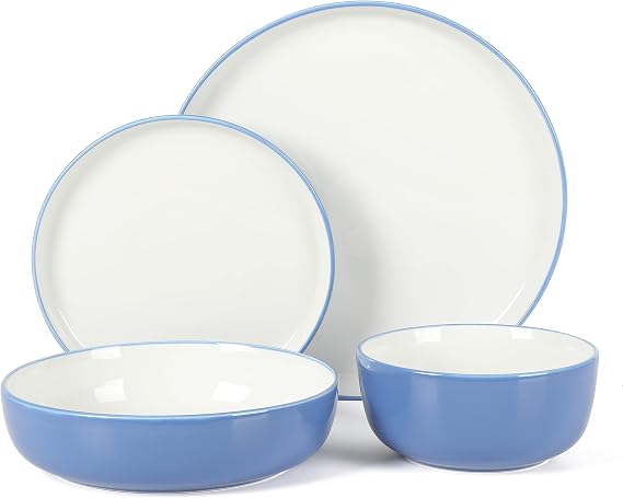 Sur La Table Kitchen Essentials Two-Tone Porcelain Dinnerware Plates and Bowls Set - Blue/White, Service for 4 (16pcs)