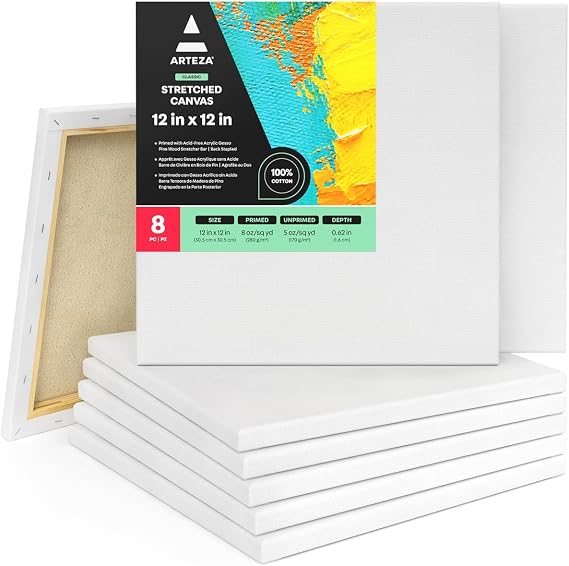 ARTEZA Stretched Canvas, 12 x 12 Inches, Pack of 8, Blank White Square Canvas for Painting for Acrylic, Oil and Gouache Paints