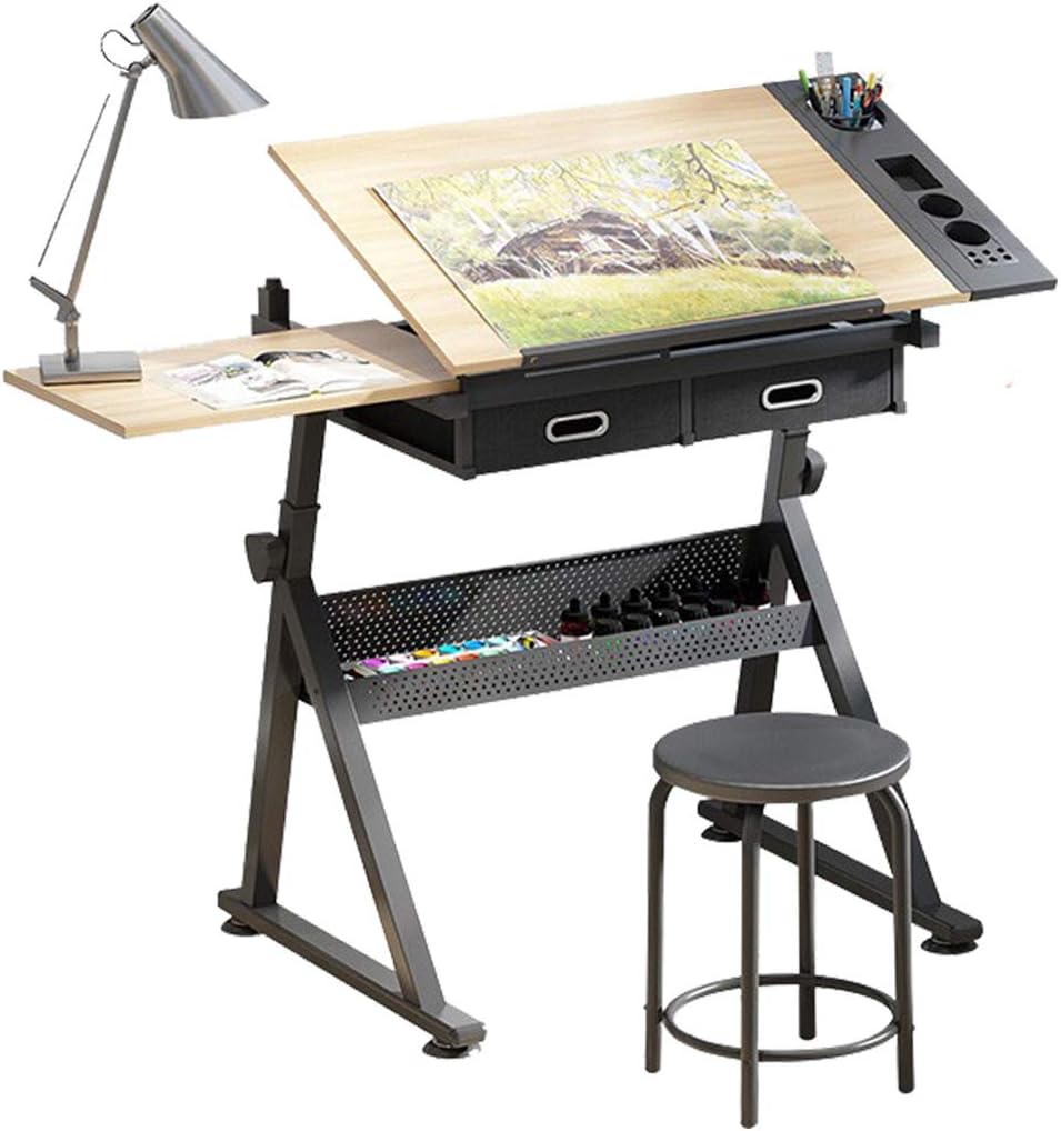 Dripex Adjustable Drawing Table Painting Desk with Tiltable Tabletop Architecture Design Work Station, Study, Drafting, Home Office Computer Desk Including Stool