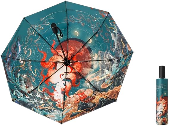 Sun Umbrella UV Protection UPF 50 Compact 3D Fox Pattern Folding SPF 50 Umbrella for Women