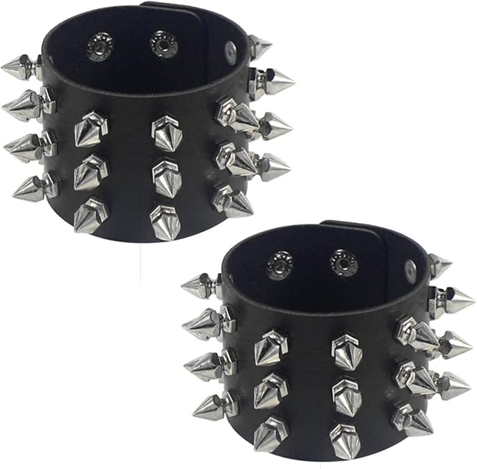 2-4Pcs Punk Faux Leather Spike Rivet Cuff Bracelet Set Gothic Wide Studded Nails Snap Button Wrap Bangle Wristband for Women Men Rock Adjustable Halloween Cosplay Jewelry