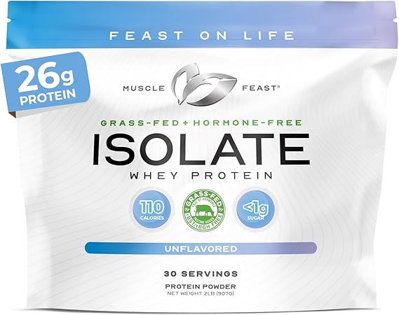 Muscle Feast Grass-Fed Whey Protein Isolate, All Natural Hormone Free Pasture Raised, Whey Isolate Protein Powder for Men and Women, Clean, Non-GMO & Gluten-Free Isolate Protein - Unflavored, 2lb