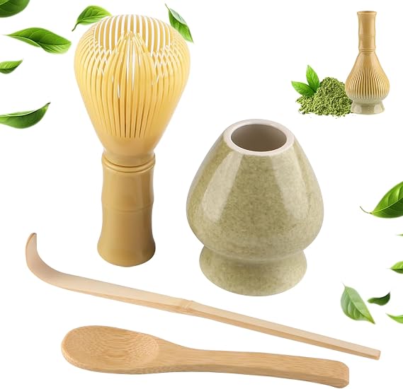 4 Piece Matcha Japanese Ceremony Set, Resin Matcha Whisk, Bamboo Spoon, Bamboo Scoop, Whisk Stand, Perfect Set for Preparing, Yellow - Matcha Green