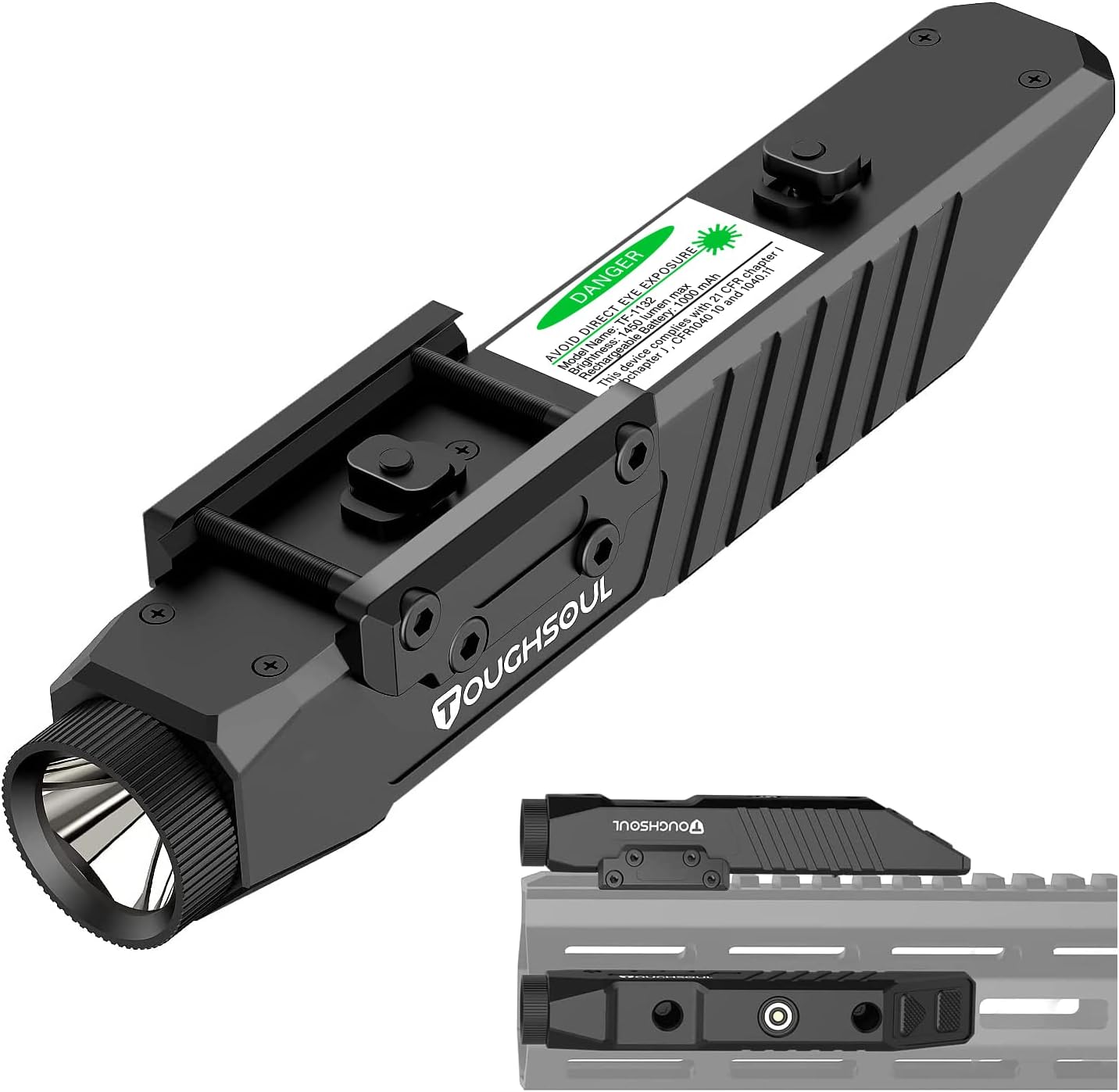 TOUGHSOUL Tactical Flashlight 1450 Lumen Picatinny Rail MLOK Mounted with Momentary Strobe Function Rifle Flashlight PicatinnyMlok