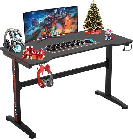 47" Gaming Desk T- Shaped Gaming Computer Desk Racing Style PC Gaming Laptop Desk Student PC Office Desk with Cup Holder Headphone Hook, Carbon Fiber Surface