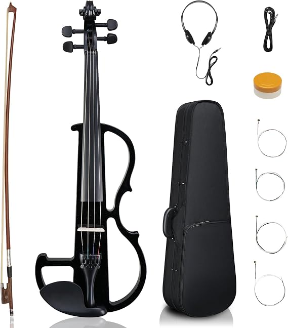 Ktaxon 4/4 Full Size Electric Violin, Acoustic Silent Fiddle, Black | for Beginner Adults Teens with Ebony Fittings, Case, Bow, Headphone, Rosin and Extra String