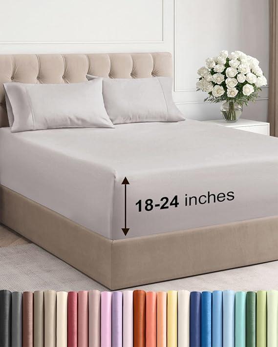Extra Deep King Sheet Set - 4 Piece Breathable Cooling Sheets - Light Grey