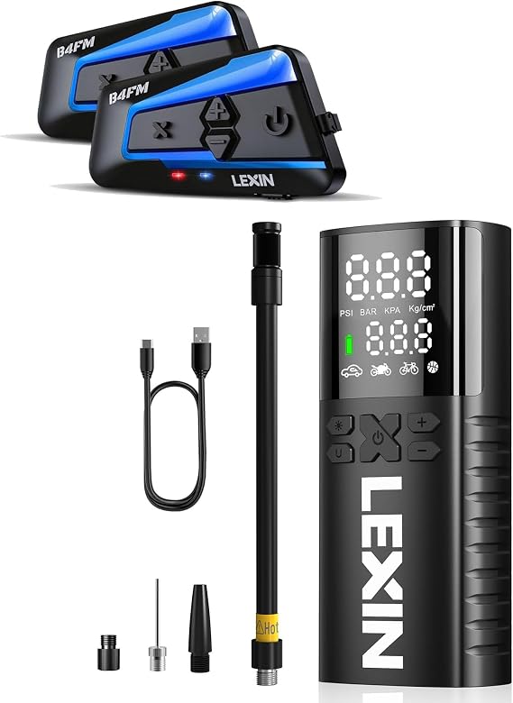 LEXIN B4FM Motorcycle Bluetooth Headset Dual Pack, Bundle with P4 Tire Inflator Portable Air Compressor