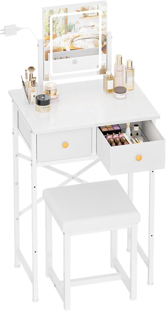 19.7"W Small White Makeup Vanity Desk with Mirror and Light, Chair