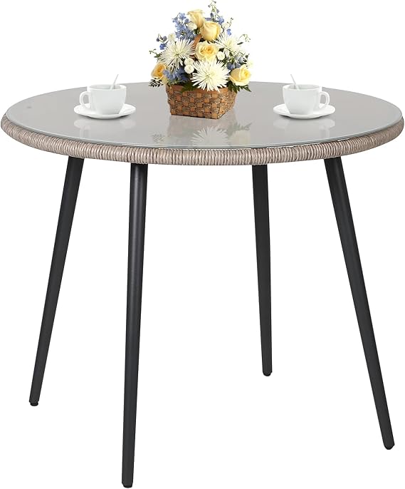 Patiorama Outdoor Dining Table, 35'' Patio Round Table, All-Weather Rope Rattan Wicker Patio Dining Table, Patio Tempered Glass Table with Umbrella Hole, Outdoor Coffee Table for Lawn Garden Pool(Tan)