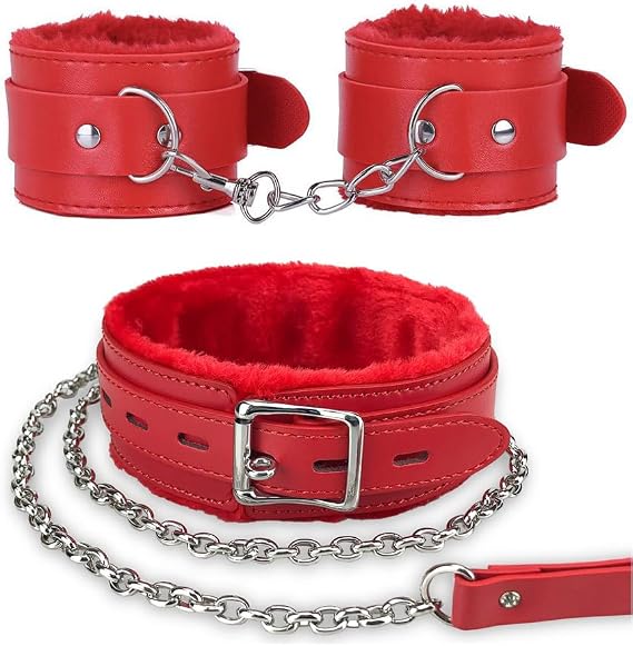 Gothic Plush Leather Collars Choker with Chain Detachable Leash Rope Small Pet Collar (Red)