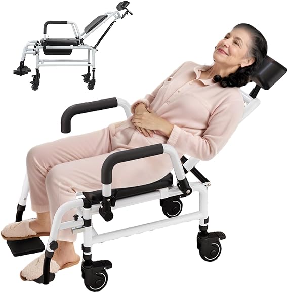 Reclining Shower Chair with Wheels | Tilt 90-140 Shower Commode Wheelchair | Versatile with Headrest and Bucket | Angle Adjustable Transport Rolling Chair for Elderly,Disabled,Adults