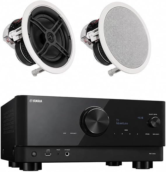 YAMAHA RX-V4A 5.2-Channel AV Receiver with MusicCast with Yamaha NSIW360C 2-Way in-Ceiling Speaker System, White (2 Speakers)