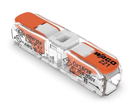 221-2401 | WAGO Lever-Nuts Inline Splicing Connector | for Solid and Stranded Conductors | 2-Conductor with Operating levers | 20-12 A.W.G. | Transparent housing | White Cover | [Box of 60 Pieces]