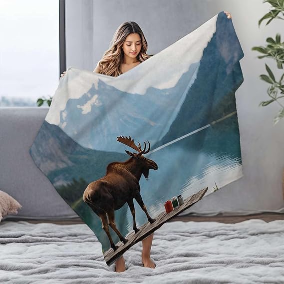 Soft Blankets Alpine Majesty: A Moose'S Tea Break by The Lake Flannel Blanket Ashtray King Size Throw Blanket for Bed(127x100cm)