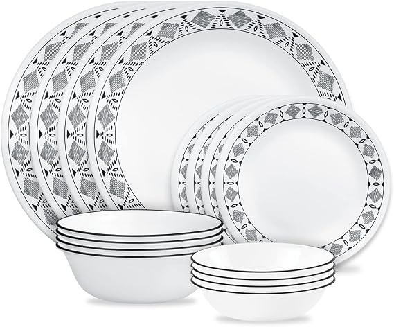 Corelle Cusco 16pc, Service for 4, Dinnerware Set, 8 Plates 8 Bowls, Chip & Break Resistant, Dinner Plates and Dinner Bowls, Corelleware Plates, White