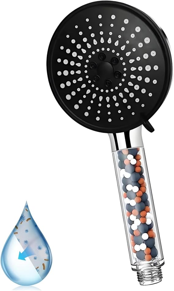 Shower Head Powerful Flow with Beads Filter Pressure Boosting Shower Head Spray with High Pressure Filter, 5 ModesWater Saving Bathing for Adults Children Pets Home and Gym Use（Black）
