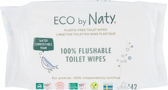 Eco by Naty, Flushable Wet Wipes, 42 (1 Pack) Plant Based Compostable Baby Wet Wipes, 0% Plastic, No Nasty Chemicals