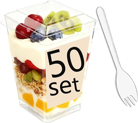 150 Pack 50 Set Clear Dessert Cups with Lids and Spoons, 5.4oz Mini Dessert Cups Reusable Square Parfait Cup for Party Appertizer, Christmas