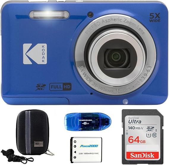 KODAK Pixpro FZ55 Digital Camera Bundle, Includes: SanDisk 64GB SDXC Memory Card, Hard Shell Camera Case, SD Card Reader and More (5 Items) (Blue)