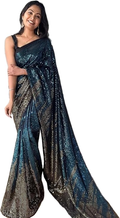 Premium Blue Heavy Georgette Saree Lavishly Embellished with All-Over Sequin Work, Perfect for Glamorous Evening Events, Weddings, Receptions, and Festive Celebrations