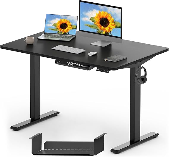 FLEXISPOT ONE PIECE Electric Standing Desk Height Adjustable Desk Sit Stand Desk with 4 Memory Smart Pannel and Backpack Hook for Home Office, 120 x 60cm Black