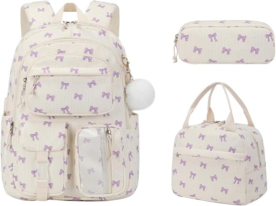 JiaYou Girls 3Pcs Backpack Sets Teens Daypack Women Corduroy Backpack Sets for School Travel(Purple Bow,25 Liters)