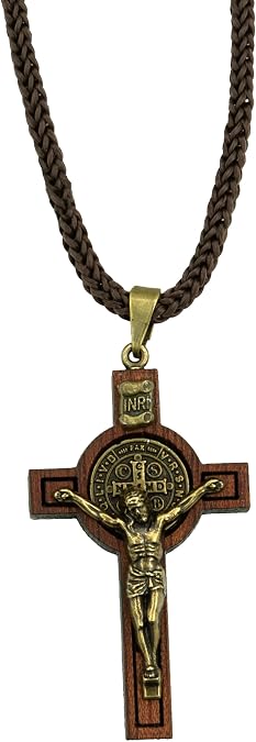 Catholica Shop Saint Benedict Medal Wood Crucifix Cord Necklace for Men & Women Handcrafted Religious Pendant, Healing, Travel Protection, Perfect for Gifting on Special Occasions, Made in Brazil