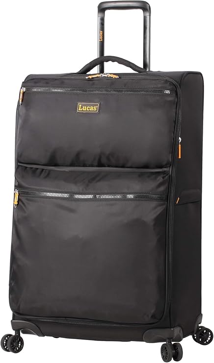 LUCAS Designer Luggage Collection - Expandable 28 Inch Softside Bag - Durable Large Ultra Lightweight Checked Suitcase with 8-Rolling Spinner Wheels (Black)