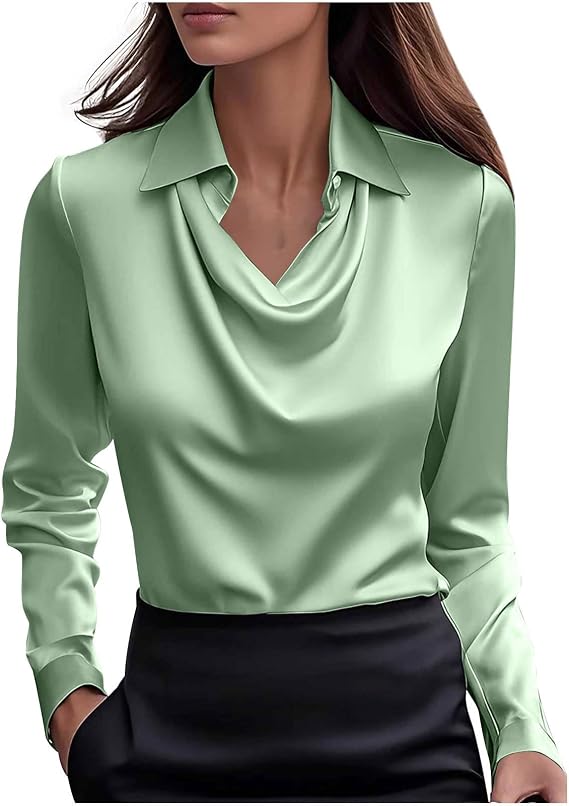Women's Cowl Neck Satin Shirts Elegant Solid Dressy Blouse Long Sleeves Casual Business Shirt Office Work Top
