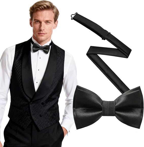 Black Bow Ties for Men, Pre-Tied Bow Tie, Adjustable Bowtie for Men