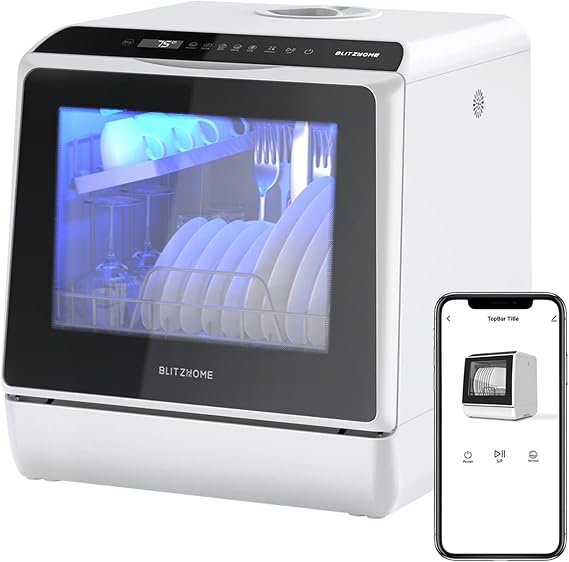 Portable Dishwasher Countertop, WIFI Smart Dishwasher, Compact Mini Dishwashers with 5L Built-in Water Tank, 6 Programs, 360 Dual Spray, High-Temp& Air-Dry Function, Fruit Cleaning