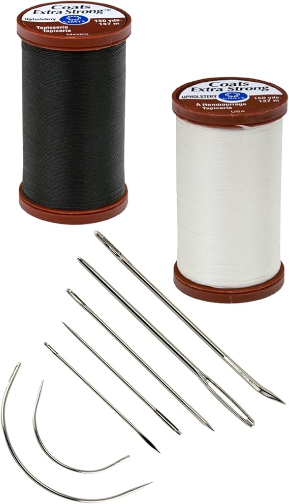 Upholstery Repair Kit! Coats Extra Strong Upholstery Thread 1 Natural Spool, 1 Black Spool 150-Yard Includes a Set of Dritz Heavy Duty Assorted Hand Needles, 7-Count