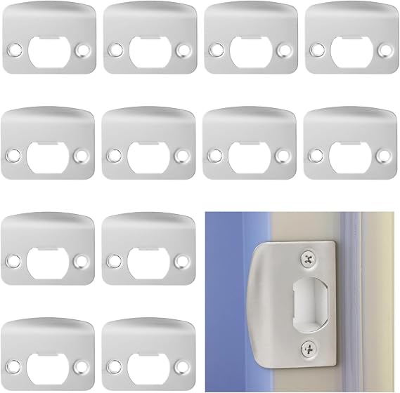 12 Pcs Door Strike Plates, Stainless Steel Deadbolt Strike Plates, Full Lip Round Corner Strike Plates, Black Door Reinforcement Kit, Fit Most Standard Wooden Doors and Locks (White)
