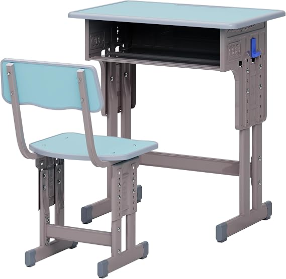 Kids Desk and Chair Set, Height Adjustable Children School Study Table Chair Set, Kids Writing Tables with Storage Drawer, Desk Chair Set with Backpack Hook Light Blue