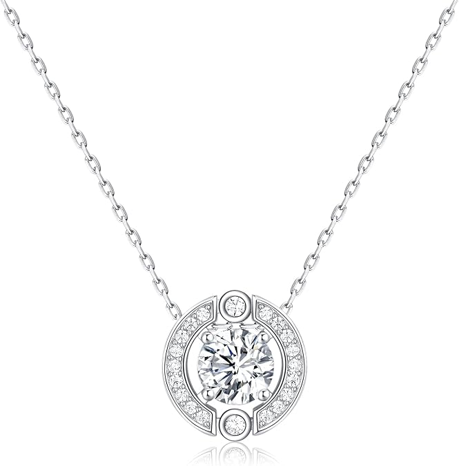 Birthstone Halo Necklace for Women Sterling Silver Platinum Plated Sparkling Gemstone Round Cut Solitaire Pendant Cubic Zirconia Necklaces Clear Crystal Meaningful Jewelry Gifts for Women Teen Girls