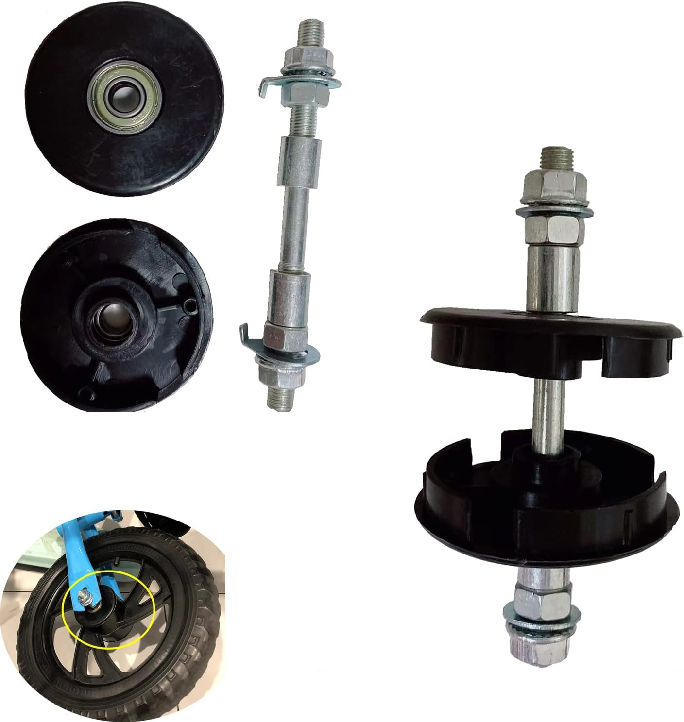 Set of 2 Wheel Hub Axle Repair Front Rear Sealed Bearing Nuts 55mm Bracket Caps Protective Cover with Solid Shaft Lever Spike for No Pedal Kids Training Bicycle Push Bikes